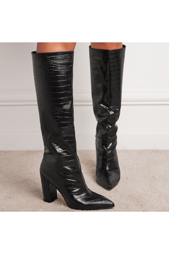 Knee High Boots For Women Wide Calf Square Toe Low Heel Boots Pull On Tall Boots Below The Knee Long Dress Boots