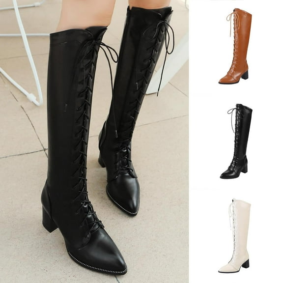 Knee-High Boots Lace-Up Thick Heel Pointed Toe Solid Color Casual Winter Fashion Footwear for Women