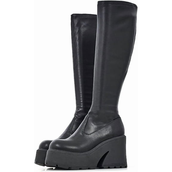 Knee High Boots Women Black Boots For Women Platform Chunky Heel Elastic Combat Boots Women Round Toe Fashion Motorcycle Punk Goth Boots