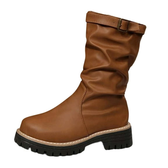 Knee High Boots Women Buckle Cuffed Chunky Heel Round Toe Booties 2025 Trendy Mid Calf Pull On Plus Size Winter Boots