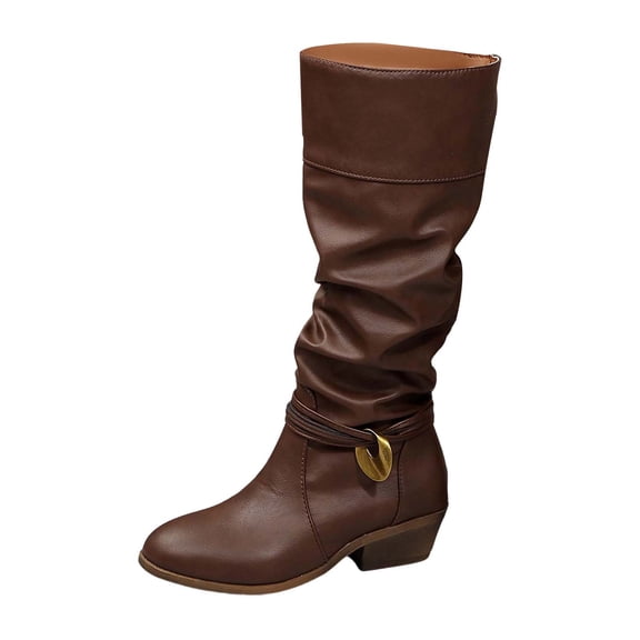 Knee High Boots Women Chunky Heel Round Toe Knee High Booties 2025 Trendy Mid Calf Slip On Casual Women Boots