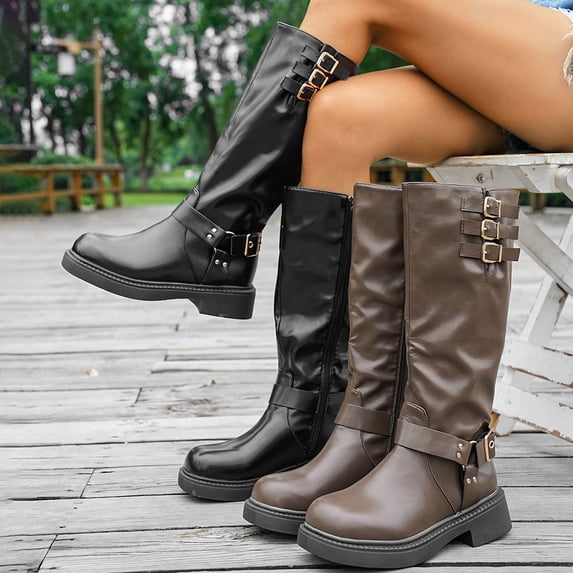 Knee High Boots Women Chunky Mid Heel Round Toe Booties with Zipper Women Fashion Casual Comfortable Versatile Solid Color Fall Winter Shoes Black 5.5