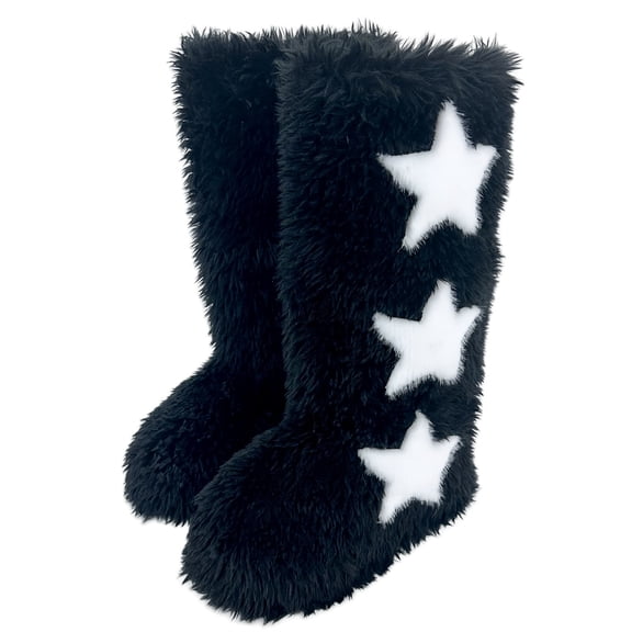 Knee High Boots Women Cold Weather Fuzzy Flat Heel Warm Booties Thick Pull On 2025 Trendy Star Print Wide Calf Round Toe Winter Boots
