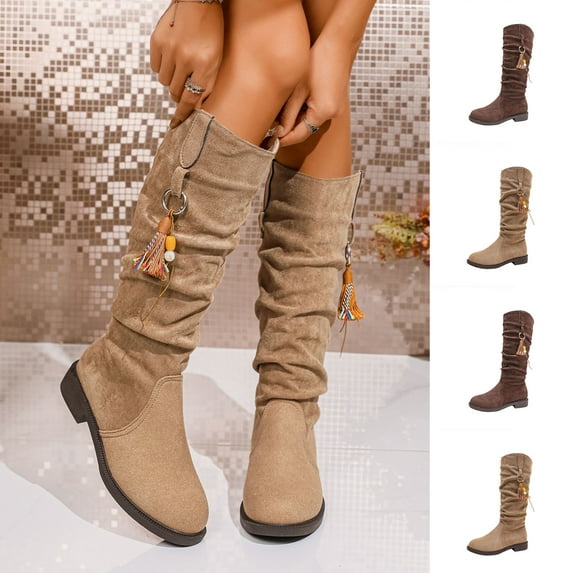Knee-High Boots Women Cozy Round Toe Chunky Heel Solid Color Dressy Cozy Booties Women's Casual Comfortable Boots Winter Outdoor Dressy Booties Shoes