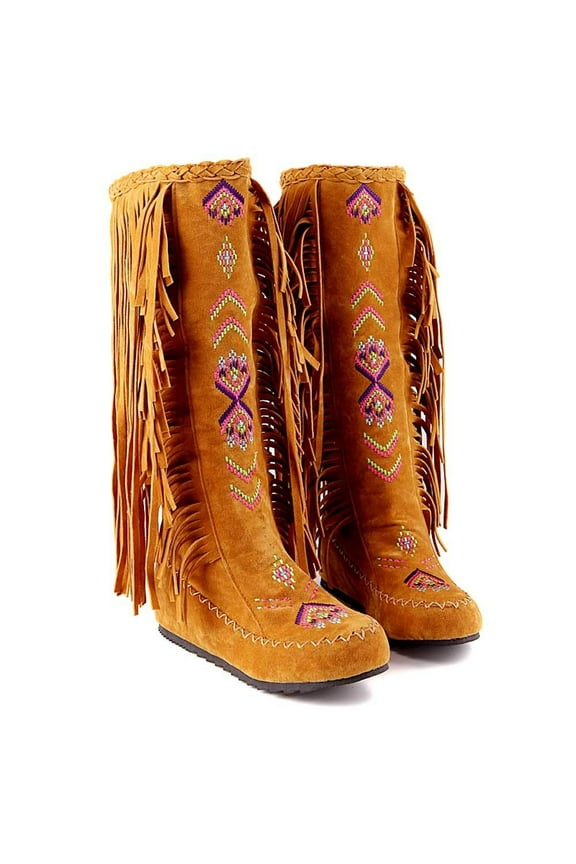 Knee High Boots for Women, Embroidered Fringe Faux Suede Booties Cowboy Winter Comfortable Warm Vintage Flat Heel Cowgirl Western Long Snow Tassel Boots