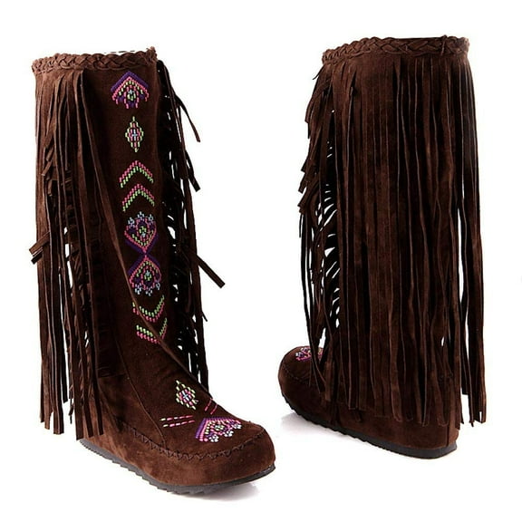 Knee High Boots for Women, Embroidered Fringe Faux Suede Booties Cowboy Winter Comfortable Warm Vintage Flat Heel Cowgirl Western Long Snow Tassel Boots