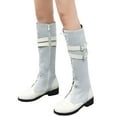 thumbnail image 1 of Knee High Boots Women Fashion Splice Leather Denim Lace up Zipper Mid Calf Motorcycle Boots Lug Sole Low Heel Trendy Buckle Straps Tall Boots, 1 of 8