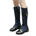thumbnail image 1 of Knee High Boots Women Fashion Splice Leather Denim Lace up Zipper Mid Calf Motorcycle Boots Lug Sole Low Heel Trendy Buckle Straps Tall Boots, 1 of 7