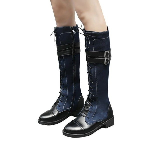 Knee High Boots Women Fashion Splice Leather Denim Lace up Zipper Mid Calf Motorcycle Boots Lug Sole Low Heel Trendy Buckle Straps Tall Boots