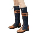 thumbnail image 1 of Knee High Boots Women Fashion Splice Leather Denim Lace up Zipper Mid Calf Motorcycle Boots Lug Sole Low Heel Trendy Buckle Straps Tall Boots, 1 of 7