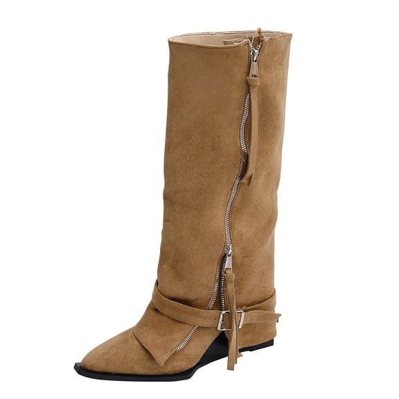 Knee High Boots Women Flat Heel Pointed Toe Zipper Booties 2025 Trendy Wide Calf Pull On Belt Buckle Snow Boots