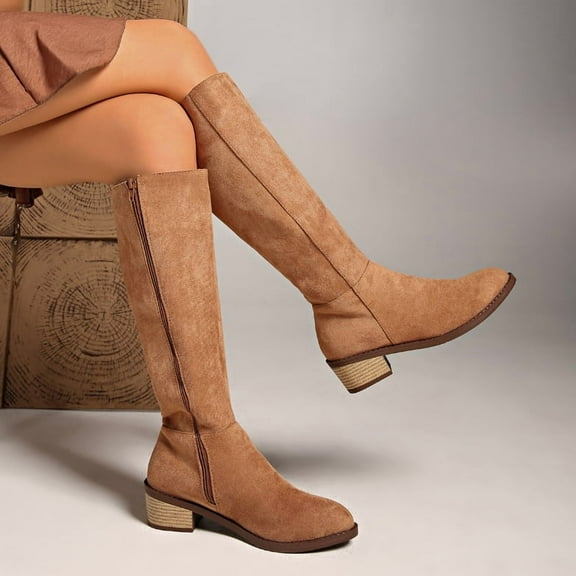 Knee High Boots Women Flat Rounded Toe Stretchy Boots Side Zipper Dress Tall Boot