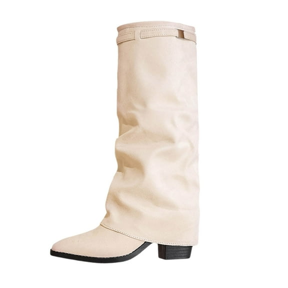 Knee High Boots Women Fold Over Knee High Suede Surface Boots Chunky High Heels Long Boots Pull-on Pointed Toe Dress Tall Boots for Women(Color:White,Size:7.5)
