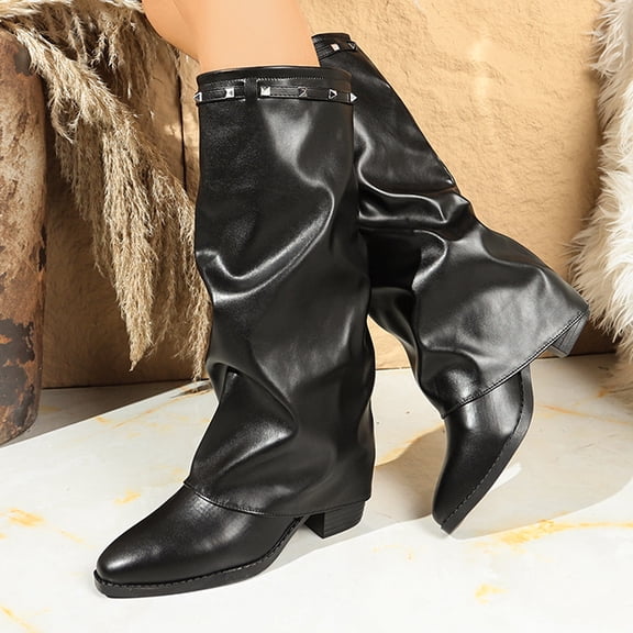 Knee High Boots Women Fold Over Boots Heel Slouchy Tall Boots Zipper Pointed Toe Dress Fall Long Boot for Women