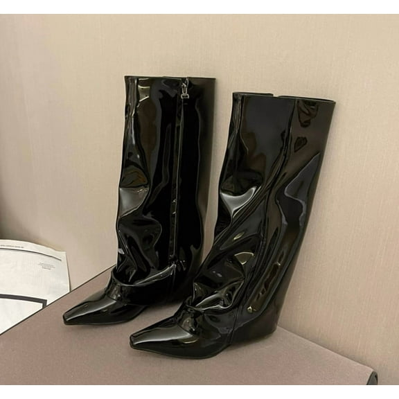 Knee High Boots Women Fold Over Boots Wedge Heel Slouchy Tall Boots Zipper Pointed Toe Dress Fall Long Boot for Women