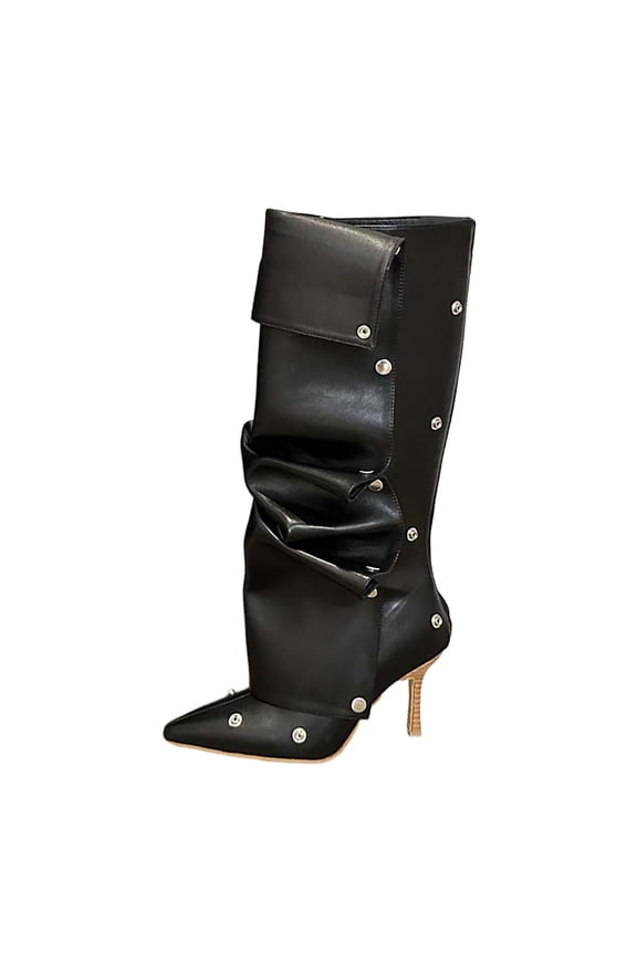 Knee High Boots Women High Heel Pointed Toe Fold Over Booties Button Pull On 2025 Trendy Wide Calf Winter Boots