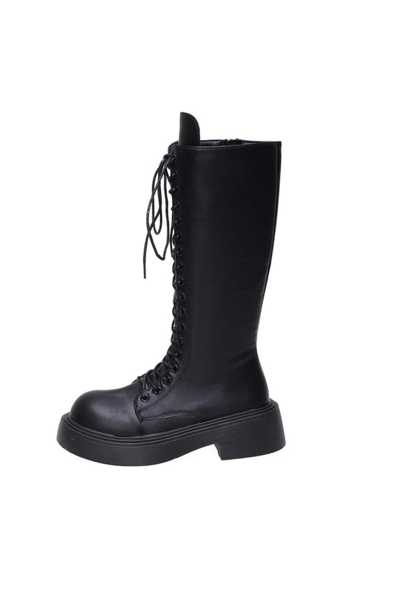Knee High Boots Women Lace Up Combat Boots Platform Wide Calf Boot Knee High Combat Shoes with Side Zipper Riding Boot Black 5(35)
