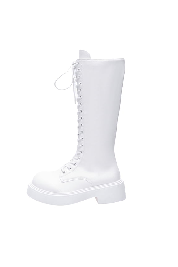 Knee High Boots Women Lace Up Combat Boots Platform Wide Calf Boot Knee High Combat Shoes with Side Zipper Riding Boot White 5(35)
