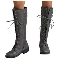 Knee High Boots Women Lace up Cap Toe Tall Riding Boots Vintage Leather Zipper Low Heel Over the Knee Motorcycle Boots