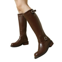 Knee High Boots Women Retro Leather Long Motorcycle Boots Round Toe Low Heel Trendy Buckle Zip up Fall Winter Mid Calf Booties