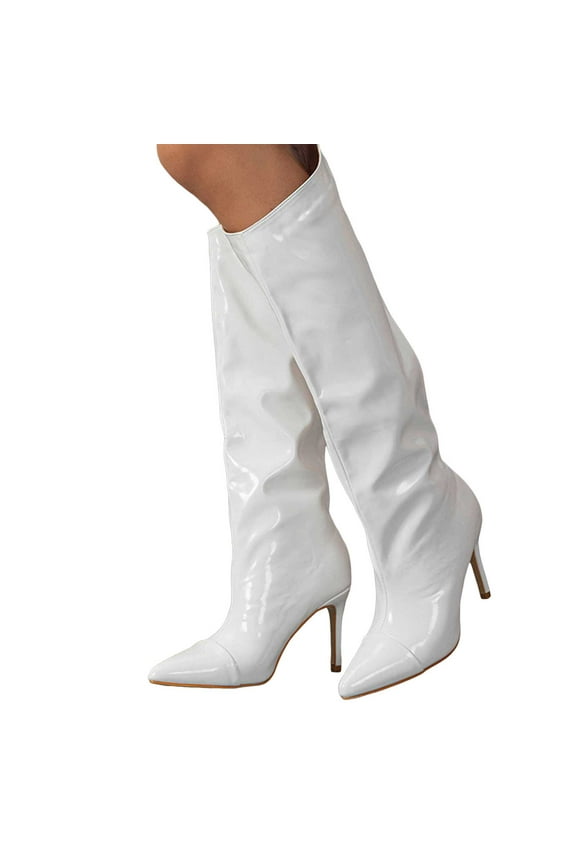 Knee High Boots Women Sexy Slouchy Leather Stiletto Heels Pointed Toe Pull on Wide Mid Calf Booties