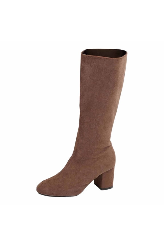 Women's Gogo Boots Knee High Block Heel Round Toe Retro Boots(Color:Brown,Size:7)