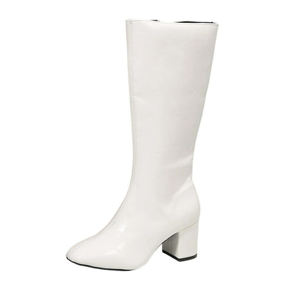 Knee High Boots Women – Slightly Wider Calf Faux Leather Tall Dress Boots, Block Heel & Side Zipper – Classic Comfortable Fashion Fall Winter Boots(Color:White,Size:8.5)