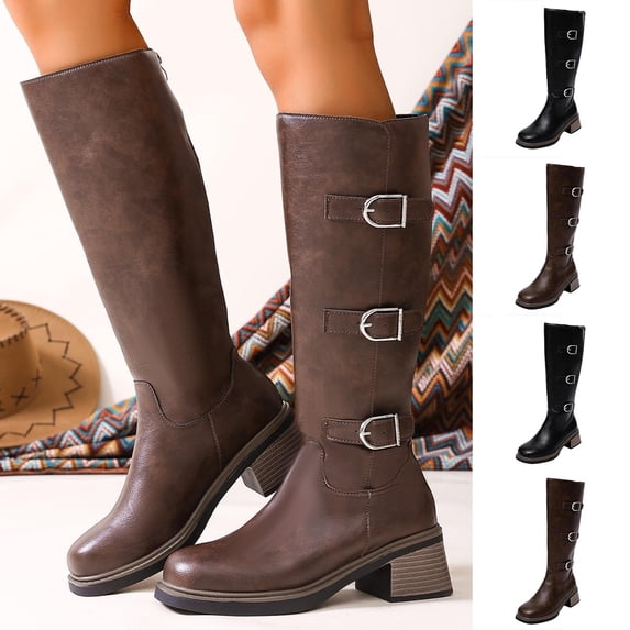 Knee High Boots Women Square Toe Pull On Wide Calf Riding Fashion Buckles Chunky Metallic Casual Vintage Buckle Brown 9.5(43)