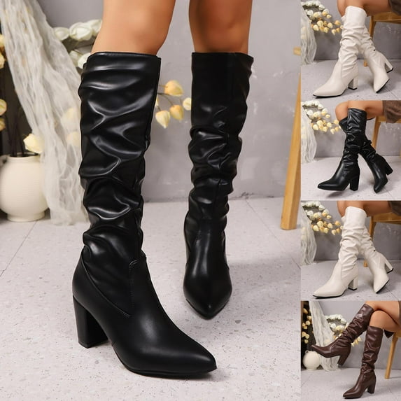 Knee High Boots Women TKYCMSUAKI Boots for Womens Knee High Chunky Heel Stretch Booties Fashion Pointed Toe Boots Low Block Heel Booties