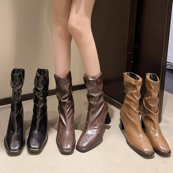 Knee High Boots Women TKYCMSUAKI Women Knee High Riding Boots Slip On Motorcycle Boots Square Toe Chunky Heel Fashion Buckles Biker Boots
