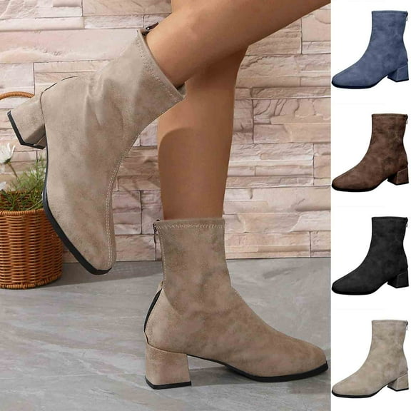 Knee High Boots Women TKYCMSUAKI Women's Mid Calf Boots, Wide Width Slouchy Boots for Girls Ladies Faux Suede Pull On Boots Fashion Retro Low Stacked Heel Winter Fall Short Boots