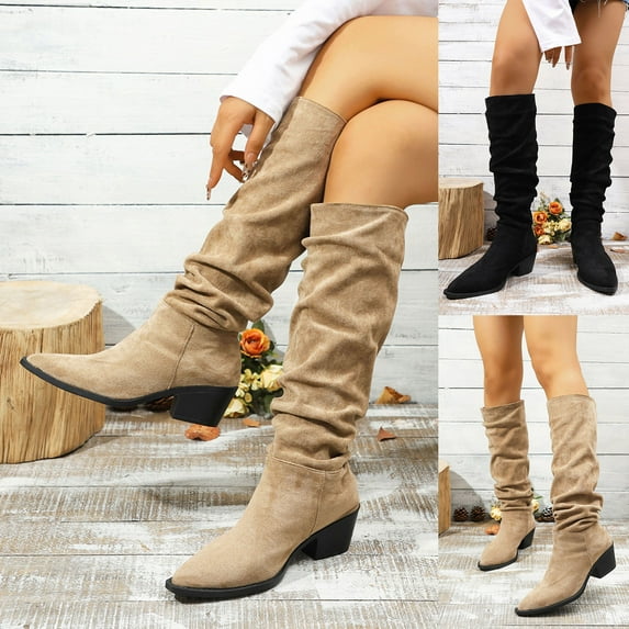 Knee High Boots Women TKYCMSUAKI Women's Wide Calf Boots, Plus Size Slouchy Knee-High Boots Fashion Retro Pull On Chunky Heel Pointed Toe Knee High Boots Girls Ladies Retro Tall Boot