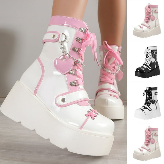 Knee High Boots Women TKYCMSUAKI Womens Goth Platform Ankle Boots Buckles Chunky Block Heels Round Toe Zipper Punk Motorcycle Combat Boots Comfy Short Gothic Booties
