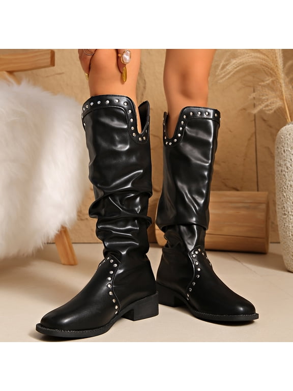Knee High Boots Women Thick-Soled Chunky Low Heel Round Toe Booties Fashion Casual Solid Color Comfortable Fall Winter Warm Shoes for Women Black 7.5