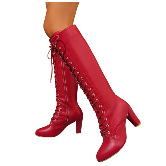 Knee High Boots Women Trendy Leather Elegant Dress Lace up Fall Winter Tall Boots Casual Zipper High Heels