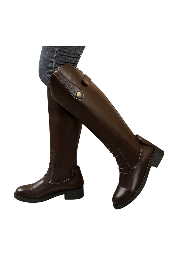 Knee High Boots Women Waterproof Splice Leather Strappy Tall Riding Booties Back Zipper Low Heel Over the Knee Fall Winter Boots