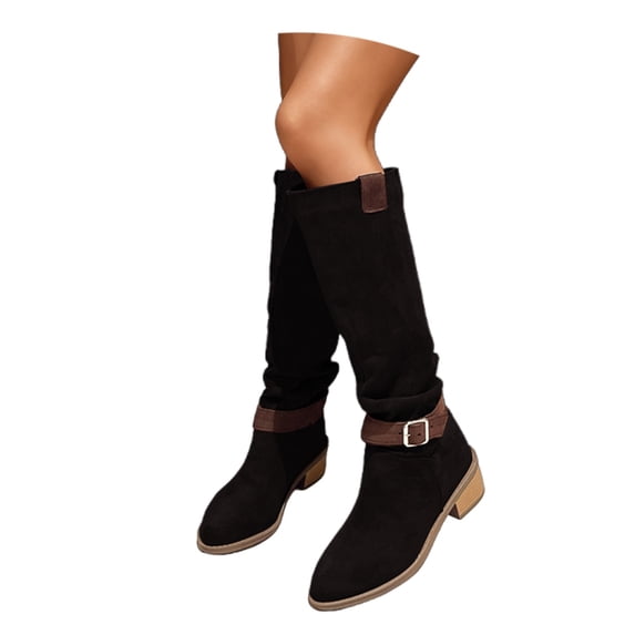 Knee High Boots for Women Wide Calf Sweater Knitted Ruched Comfortable Tall Boots Fashion Side Zipper Low Heel Slouch Buckle Straps Motorcycle Riding Boot Round Toe Vintage Winter Boot