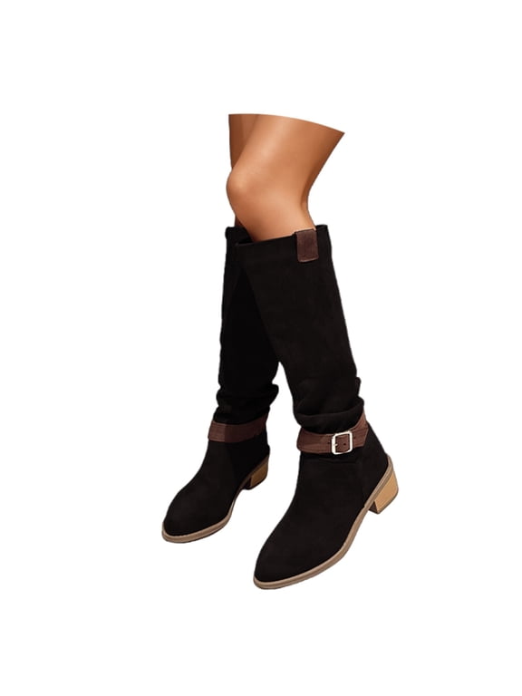 Knee High Boots for Women Wide Calf Sweater Knitted Ruched Comfortable Tall Boots Fashion Side Zipper Low Heel Slouch Buckle Straps Motorcycle Riding Boot Round Toe Vintage Winter Boot