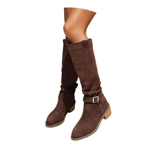 Knee High Boots for Women Wide Calf Sweater Knitted Ruched Comfortable Tall Boots Fashion Side Zipper Low Heel Slouch Buckle Straps Motorcycle Riding Boot Round Toe Vintage Winter Boot