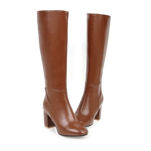 Knee High Boots Women Wide Calf Women Fashion Casual Warm High Heeled Middle Tube Boots Side Zipper Shoes for Women Outdoor Comfortable Round Toe Tall Boots Soft Fall Winter Long Boots