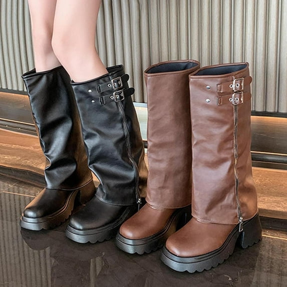 Knee-High Boots Women's Casual Winter Shoes Solid Color Thick Sole Square Toe Side Zipper Mid-Heel Stylish Footwear for All Occasions