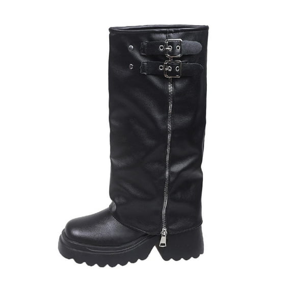 Knee-High Boots Women's Casual Winter Shoes Solid Color Thick Sole Square Toe Side Zipper Mid-Heel Stylish Footwear for All Occasions