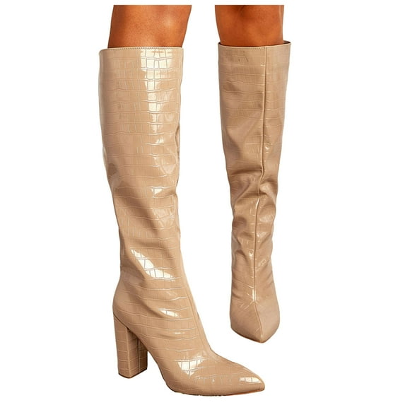 Knee High Boots for Women 2025 Winter Fall Leather Pointed Toe Chunky High Heel Tall Boots Fashion Dress Boots