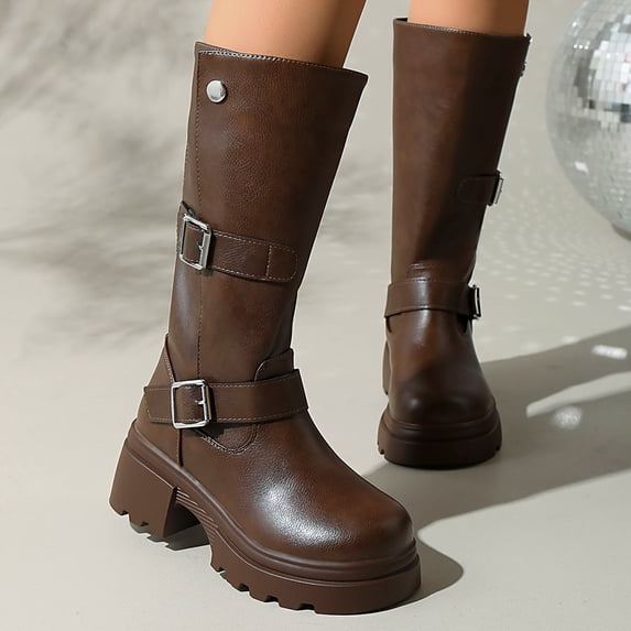 Knee High Boots for Women Adjustable Buckles Chunky Low Heel Fashion Lug Sole Motorcycle Boot Brown 8.5