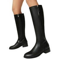 Knee High Boots for Women Black Leather Pointed Toe Low Heel Motorcycle Riding Tall Boots with Side Zipper