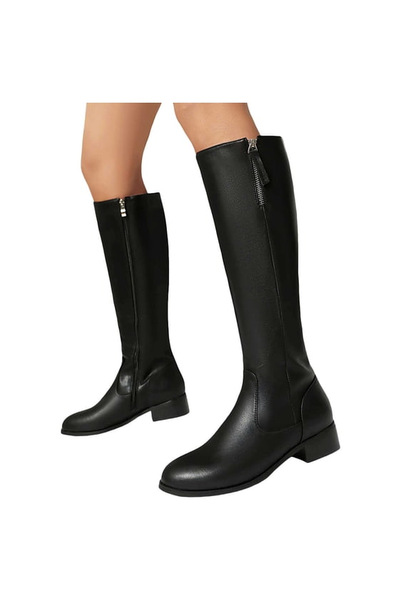 Knee High Boots for Women Black Leather Pointed Toe Low Heel Motorcycle Riding Tall Boots with Side Zipper