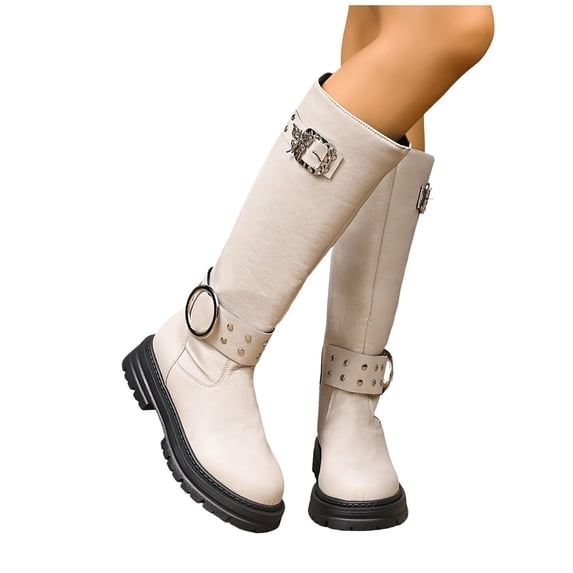 Knee High Boots for Women Buckle Low Block Heel with Side Zipper Round Toe Winter Fashion Warm Casual Shoes White 9.5