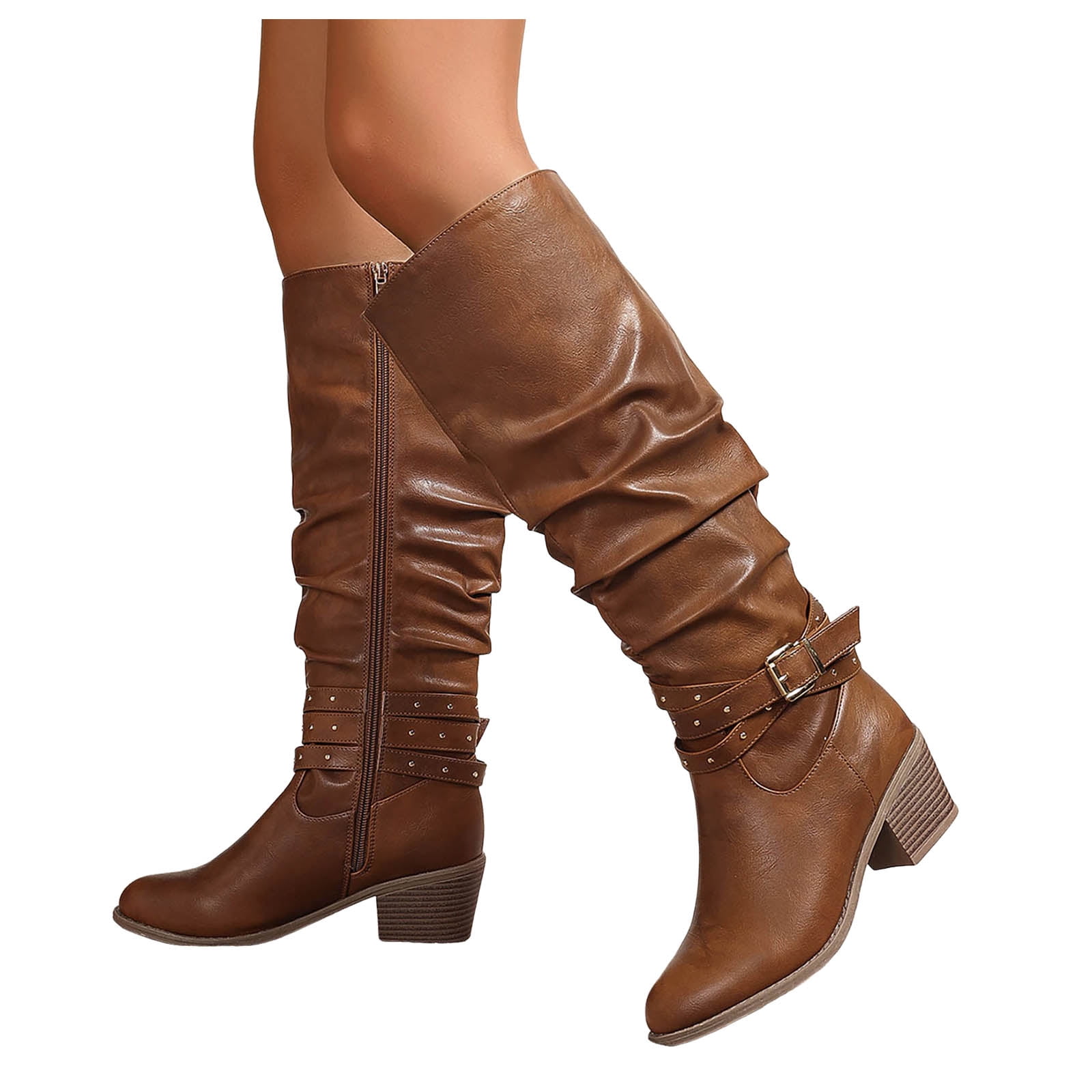 Slouch Riding Boots Knee High Boots for Women Buckle Wide Calf Slouchy Riding Boot Low Heel ...