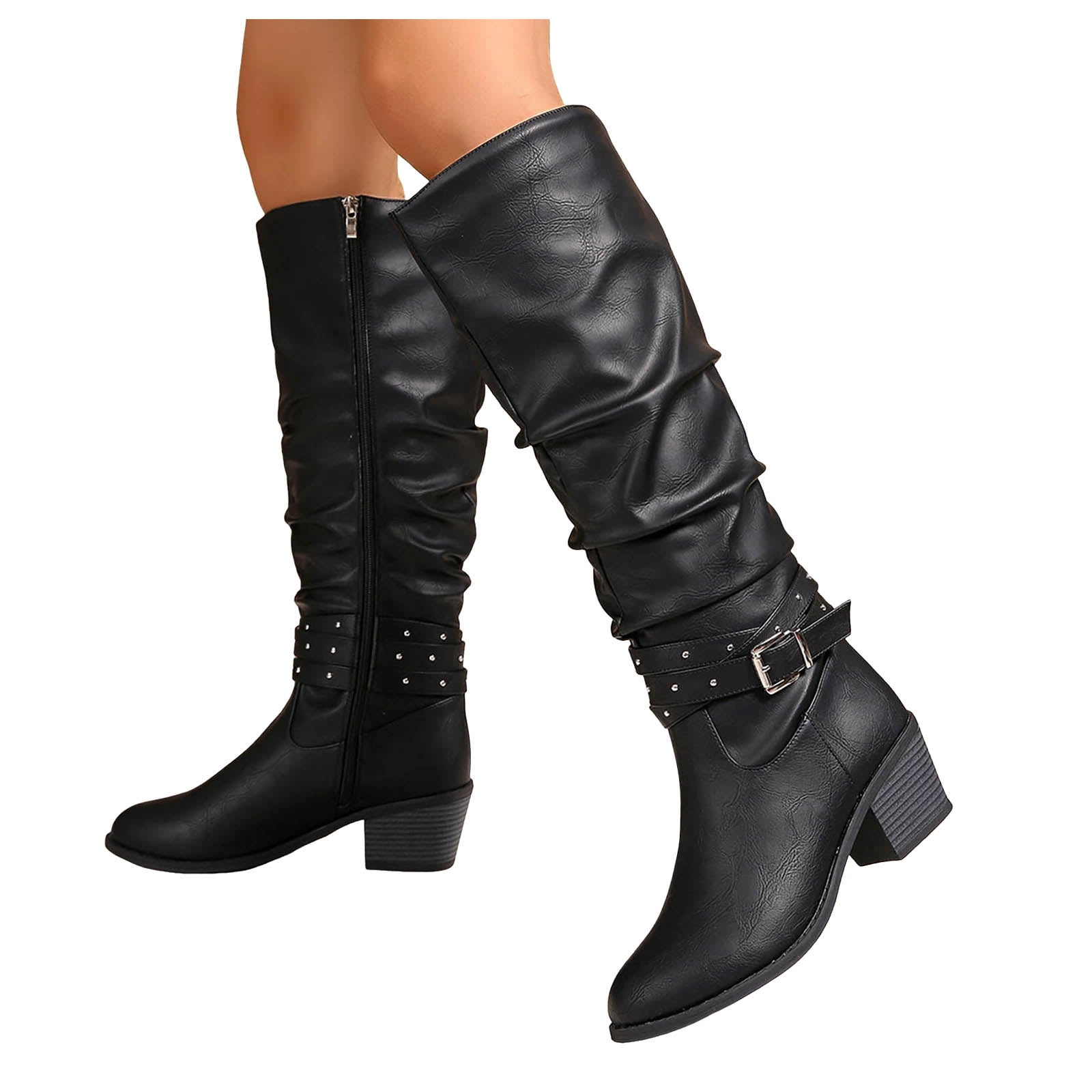 Slouch Riding Boots Knee High Boots for Women Buckle Wide Calf Slouchy Riding Boot Low Heel ...