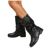 Knee High Boots for Women Buckle Wide Calf Slouchy Riding Boot Low Heel Pull on Biker Motorcycle Gothic Shoes